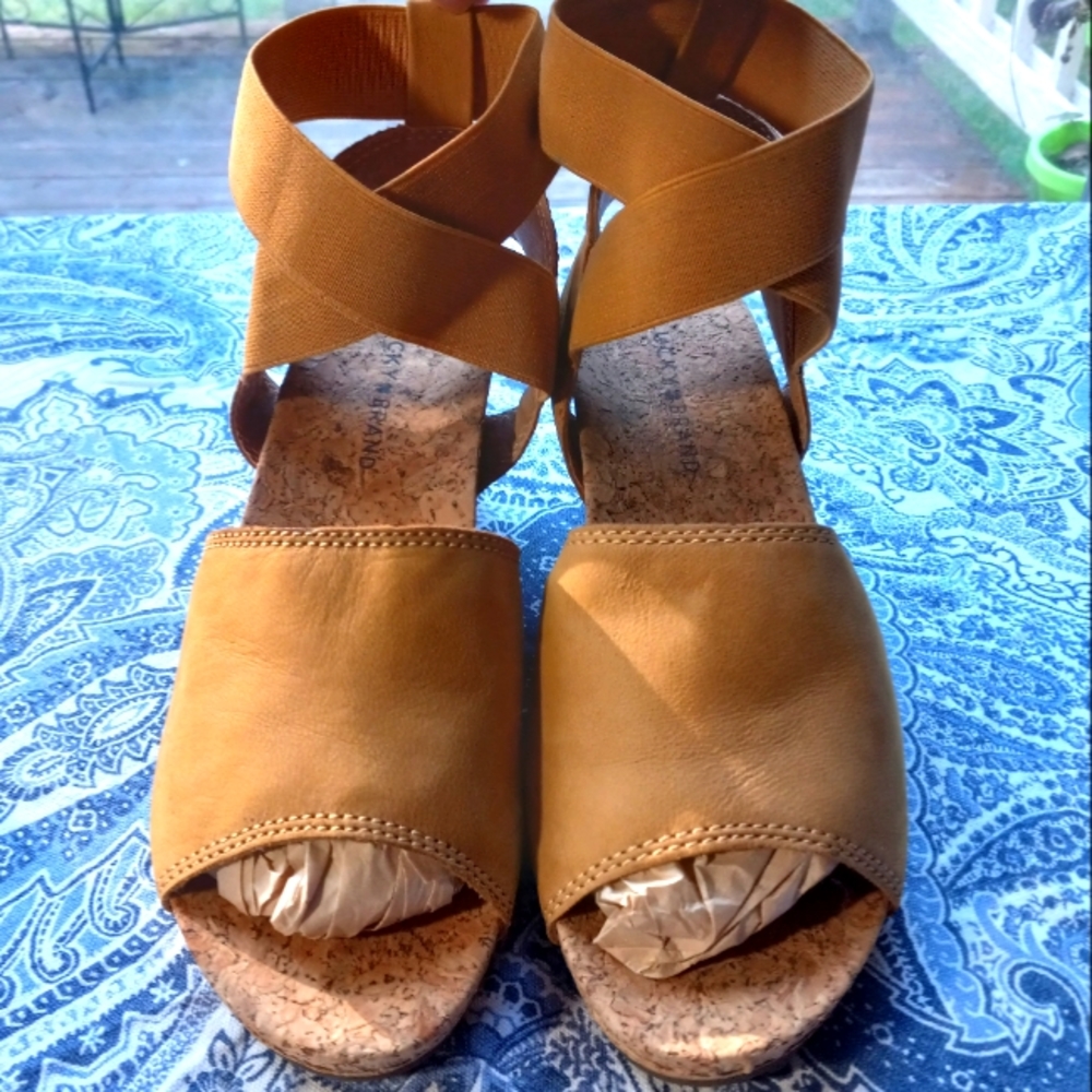Lucky Brand Kyla Leather Ankle Wrap Cork Wedge Suede Sandals Size 8.5 Wide